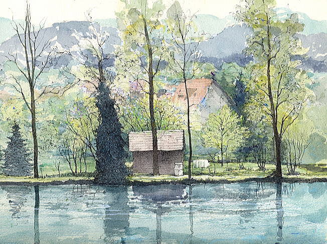 海辺の小さい家の風景　水彩画　原画 海辺の小さい家の風景 水彩画 原画 （海辺の小さい家の風景
